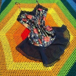 Sedu Lingerie Blue Red Green Floral Lace-Trim Navy Slip Chemise Nighty S